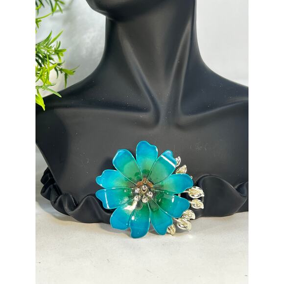 Vintage Coro Flower Brooch Teal Blue Enamel Rhinestone Leaves MCM Ornate RARE - Picture 3 of 16